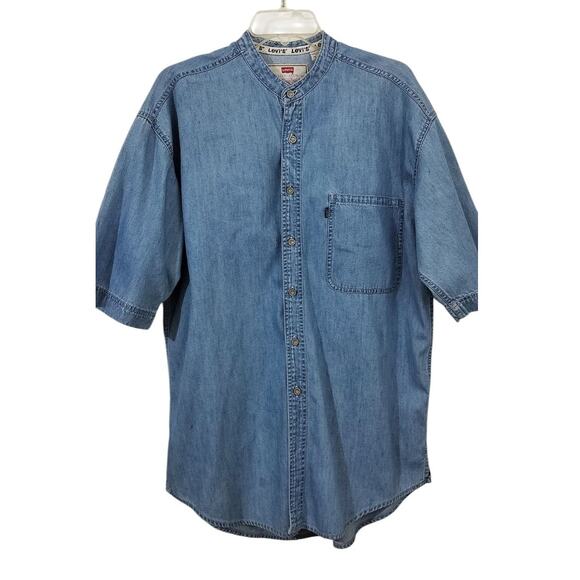 M711) Levi's Button Down Collarless Short Sleeve Denim oversize Shirt Medium - Picture 1 of 9